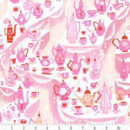 Down the Rabbit Hole Tea Party White Cotton Fabric