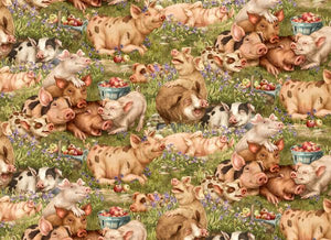 Think Happy Pigs Green Cotton Fabric
