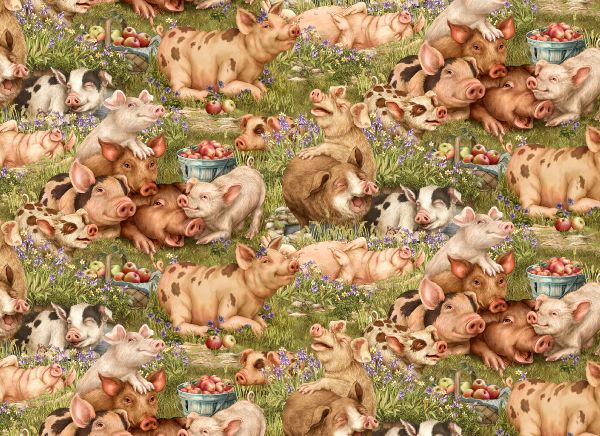 Think Happy Pigs Green Cotton Fabric