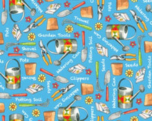 Load image into Gallery viewer, Handmade Placemat Or Table Runner Who Let the Hogs Out Gardening Tools Blue
