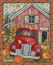 Load image into Gallery viewer, Handmade Tapestry &quot;Red Truck Pumpkin Shed”

