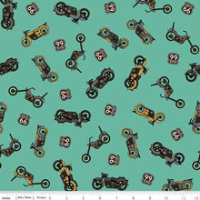 Load image into Gallery viewer, Handmade Valance or Curtain Panel Route 66 Bikes Sea Glass
