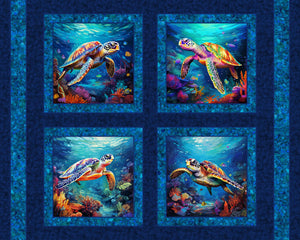 Paddling Sea Turtles Pillow Panel Cotton Fabric