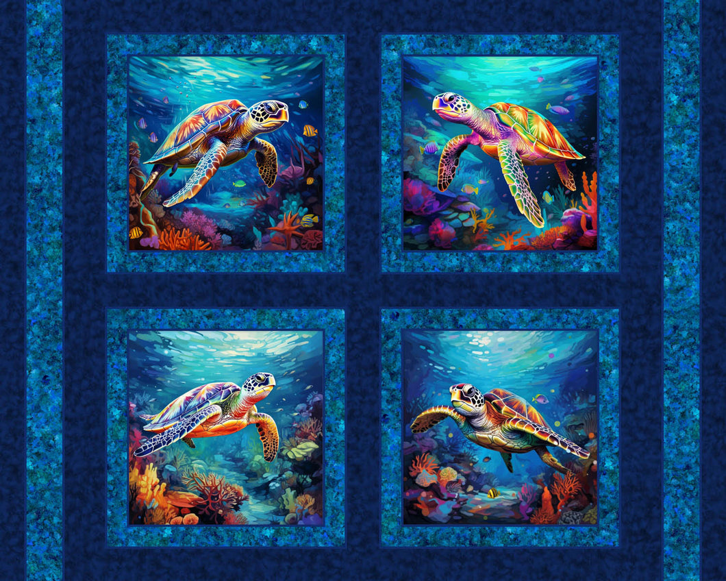 Paddling Sea Turtles Pillow Panel Cotton Fabric