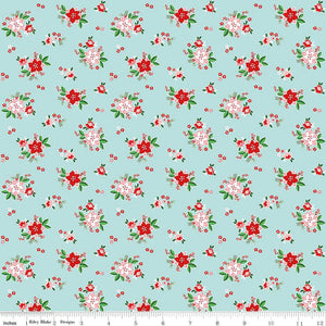 Pixie Noel 2 Poinsettias Aqua Cotton Fabric