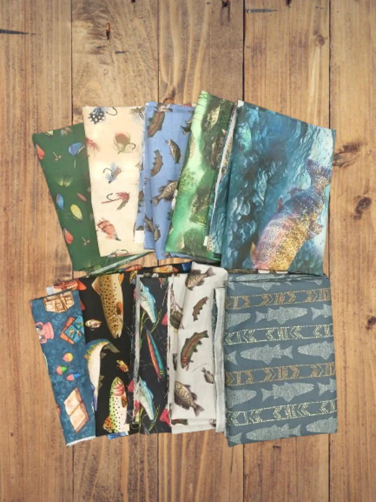 Assorted Fishing & Fish Flat Fold Assortment 10 Yard Bundle Cotton Fabric