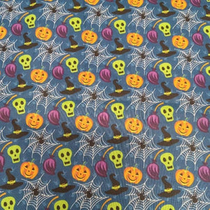 Halloween Smiling Pumpkins Teal Cotton Fabric