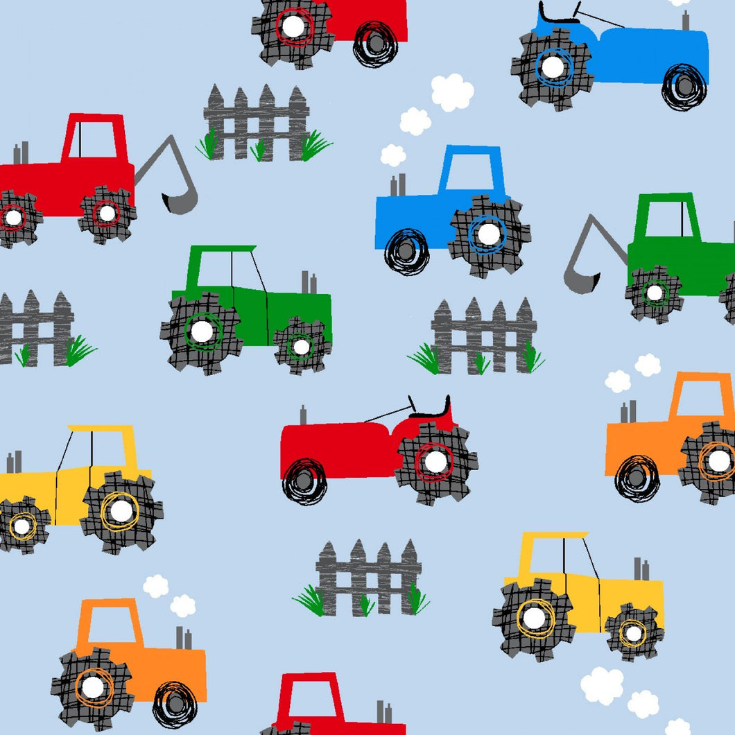 Light Blue Tractors Comfy Prints Flannel Fabric