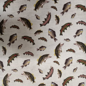 Fishing At The Lake Gray Cotton Fabric