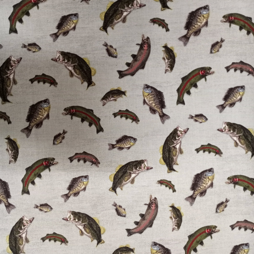 Fishing At The Lake Gray Cotton Fabric