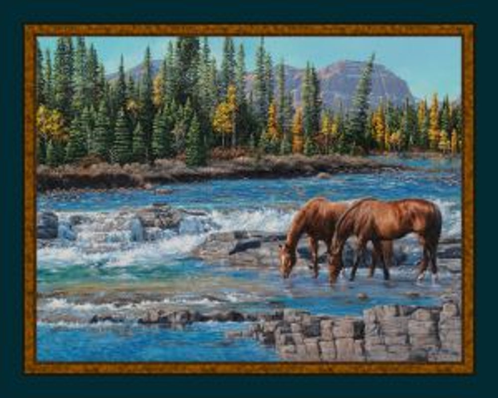 On the Rocks Horses Panel Cotton Fabric
