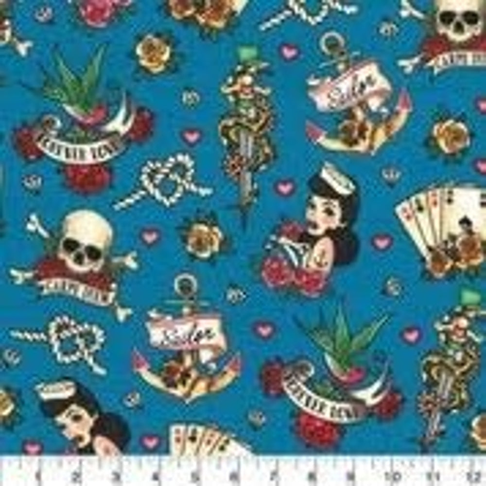 Retro Tattoo Pin-Up Sailor Cotton - 1 Yard Precut
