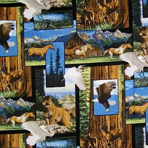 Wildlife America The Beautiful Collage Animals Blocks Cotton Fabric