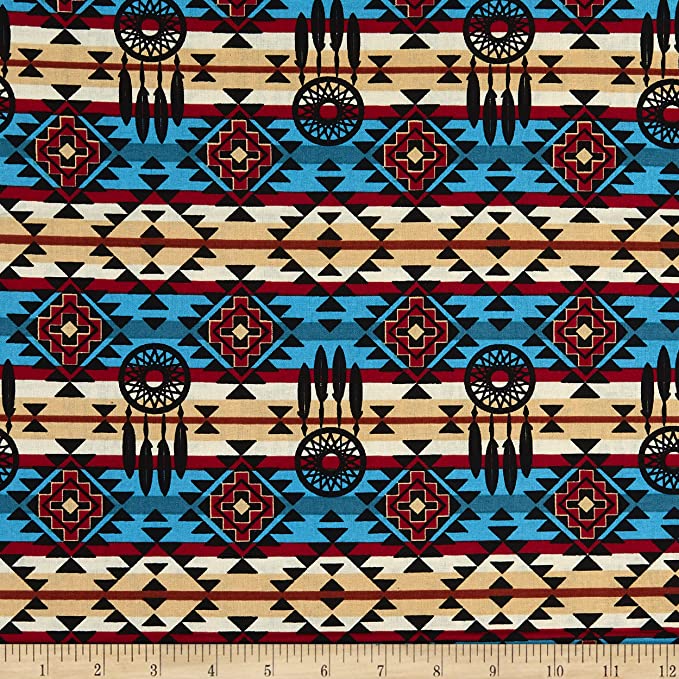 Native Dream Catcher Turquoise  Cotton Fabric