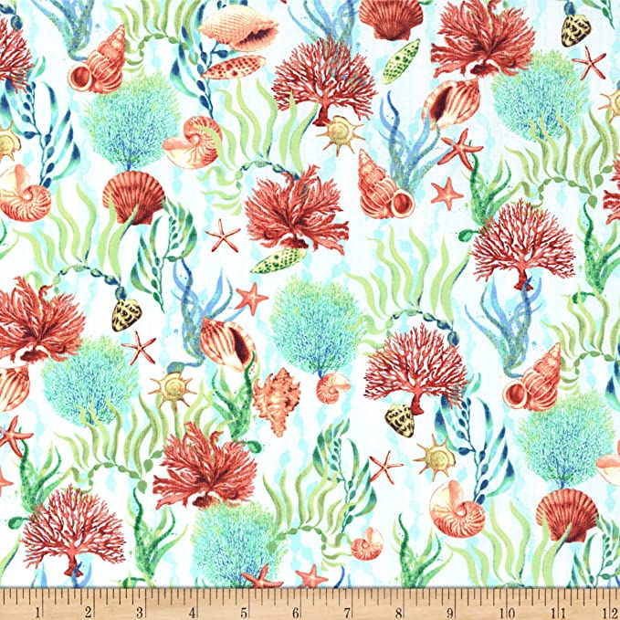 Deep Blue Sea Tossed Shells and Coral Aqua Cotton Fabric