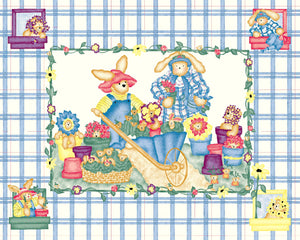 45" Garden Bear Baby Blue Panel Cotton Fabric