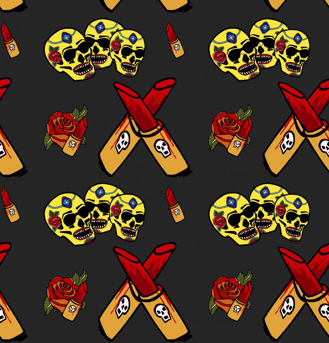 Skull Lipstick Allover Yellow Cotton Fabric