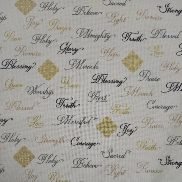 Christian Inspirational Words Glitter White Cotton Fabric
