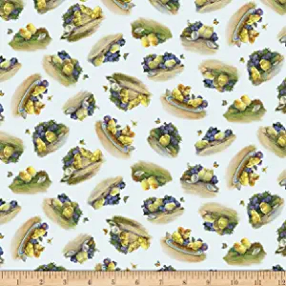 Joyful Countryside Tossed Chicks Blue Cotton Fabric