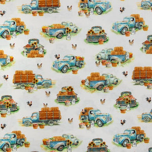 Blue Farm Trucks Calico Cotton Fabric
