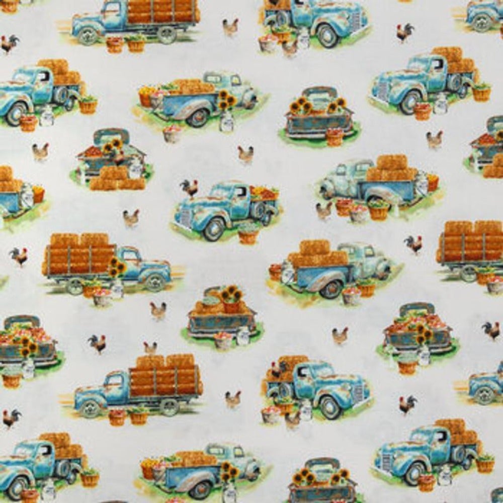 Blue Farm Trucks Calico Cotton Fabric