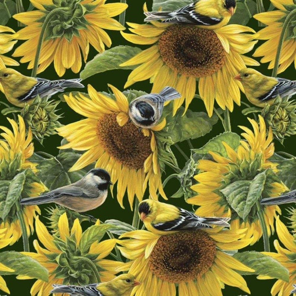 Sunflowers and Birds Cotton Fabric