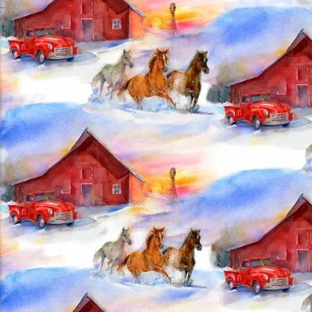 Snowfall On The Range Scenic Barn Cotton Fabric
