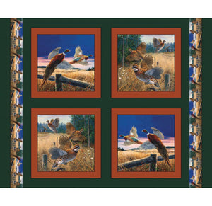 Beautiful Pheasants Green Pillow Panel Digital Cotton Fabric
