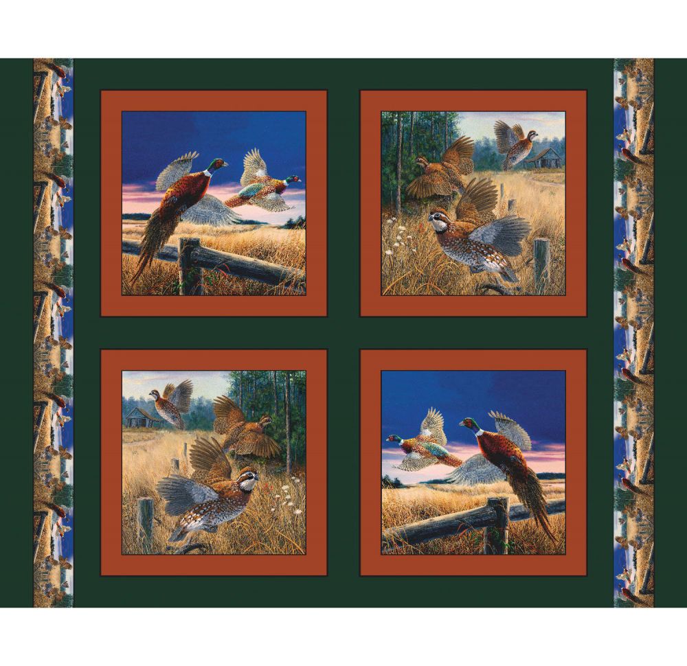 Beautiful Pheasants Green Pillow Panel Digital Cotton Fabric