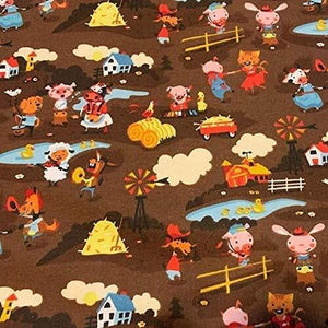 Farm Animals Brown Flannel Fabric